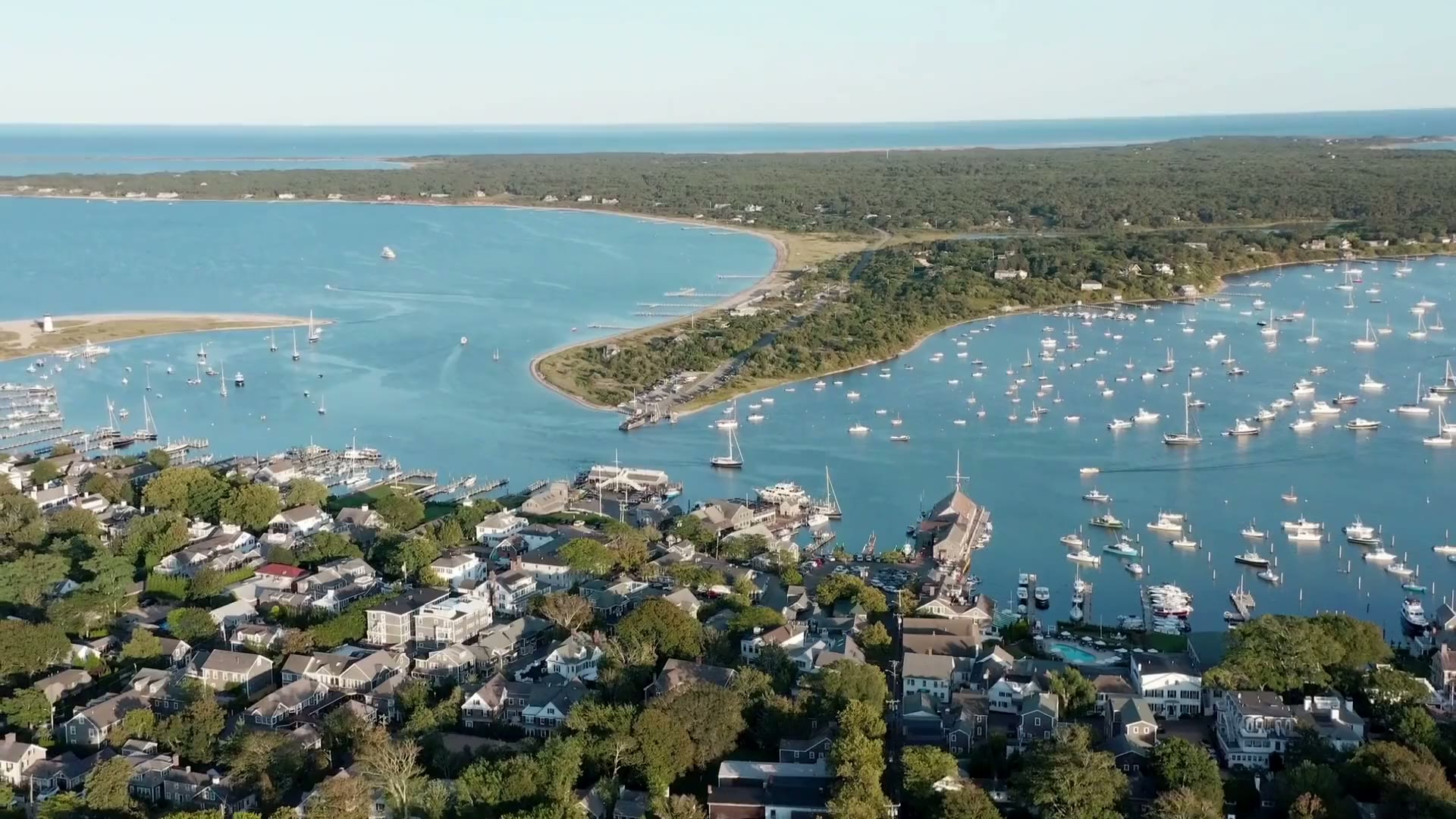 Aerial over Martha's Vineyard harbor and coastline