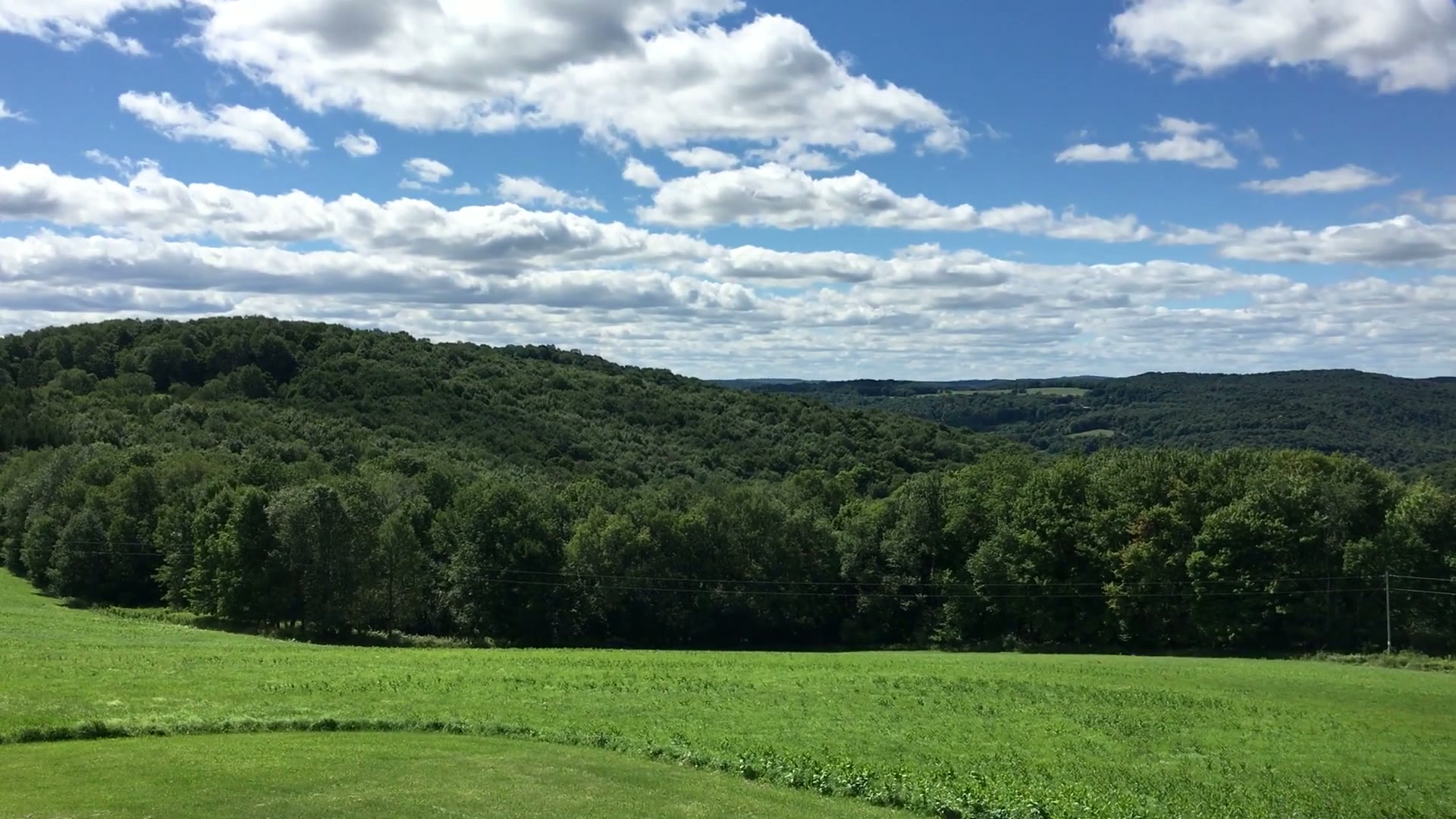 Slow pan across a rolling Catskills meadow with wooded ridgelines and a bright summer sky